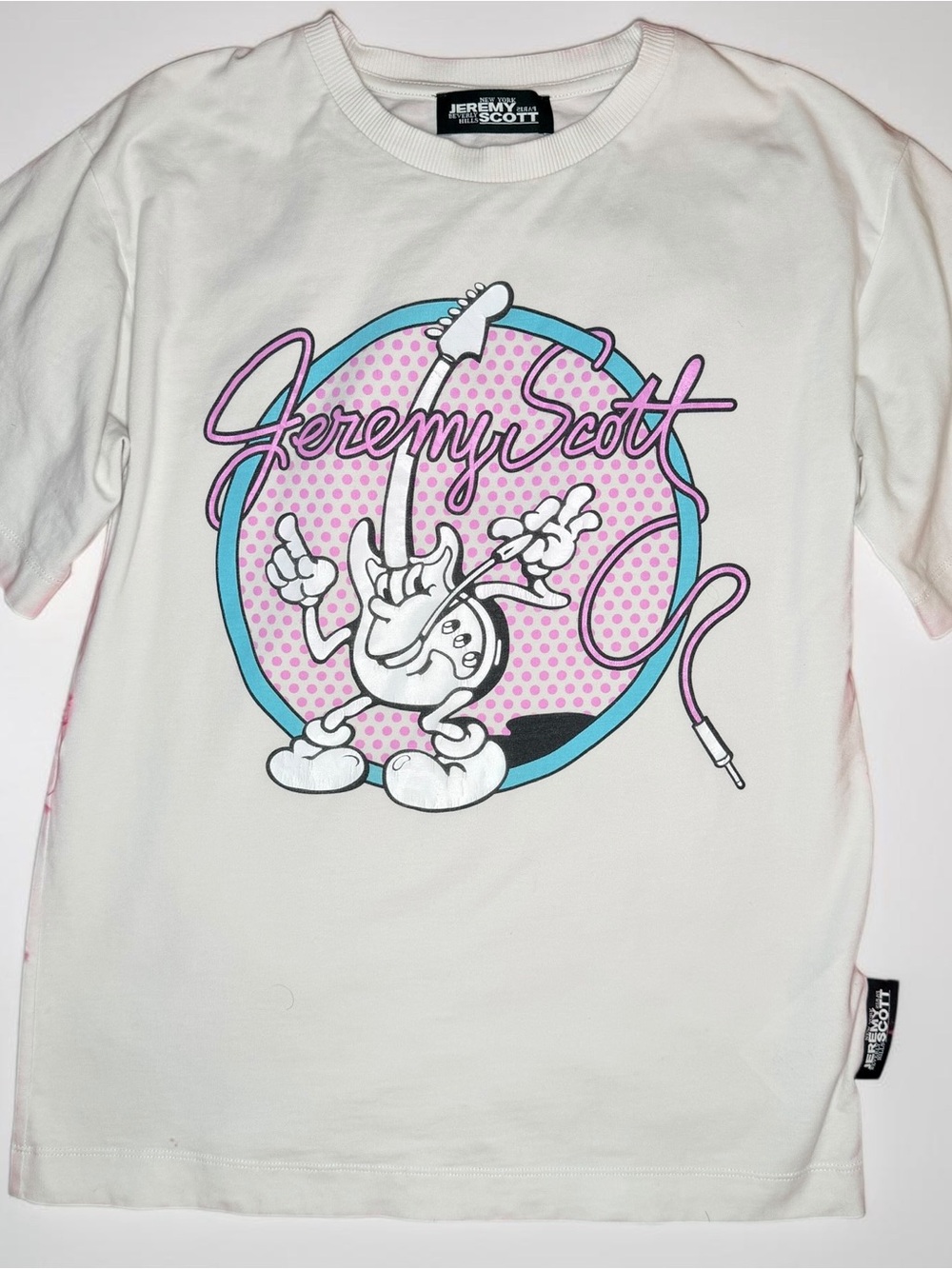 Jeremy Scott White Tee with Pink & Blue Guitar Graphic